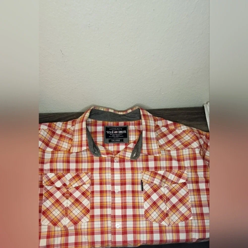 Ecko Unltd Mens 5XL Red Orange Plaid Short Sleeve‎ Western Button Down Shirt